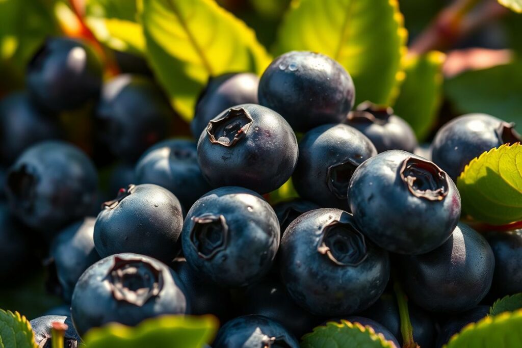 A lush, vibrant close-up of a cluster of ripe, plump blueberries nestled among their verdant leaves. The berries glisten with a dewy sheen, their indigo hues deepened by the warm, directional lighting that casts dramatic shadows and highlights their natural contours. The background is softly blurred, drawing the viewer's focus to the nutritious bounty of the foreground. The image conveys a sense of nature's bountiful gifts, the rich nutrients and antioxidants contained within these small, powerful berries.
