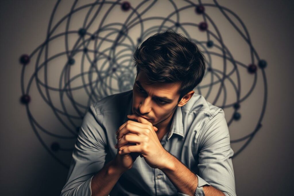 A pensive person sits deep in thought, their brow furrowed, eyes focused inward. The scene is bathed in a soft, muted light, creating an atmosphere of introspection. In the background, a swirling, abstract pattern of shapes and lines represents the complex, tangled web of overthinking. The subject's posture is tense, their hands clasped tightly, reflecting the mental strain of being trapped in a cycle of excessive analysis. The overall mood is one of unease and restlessness, conveying the psychological burden of overthinking.
