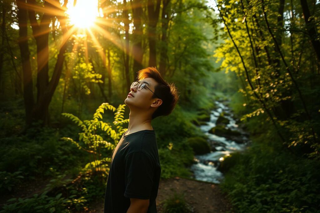 A person standing on a path, surrounded by a lush, verdant forest. The sun's rays filter through the canopy, casting a warm, golden glow. The individual gazes up, their expression one of thoughtful contemplation, as they shift their perspective, seeing the world from a new angle. In the distance, a tranquil stream winds its way through the undergrowth, adding a soothing, calming presence. The scene evokes a sense of clarity and renewed understanding, as the person embraces a fresh outlook on their challenges.