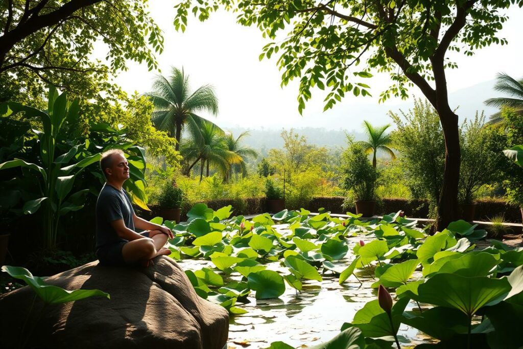 A serene meditation garden with a lotus pond surrounded by lush, verdant foliage. In the foreground, a person sits cross-legged on a rock, their eyes closed and expression peaceful, practicing mindfulness. Dappled sunlight filters through the canopy, casting a warm, calming glow over the scene. The background features a distant, hazy mountain range, suggesting a sense of tranquility and connection with nature. The overall atmosphere is one of deep introspection, inner calm, and a gentle embrace of the present moment.
