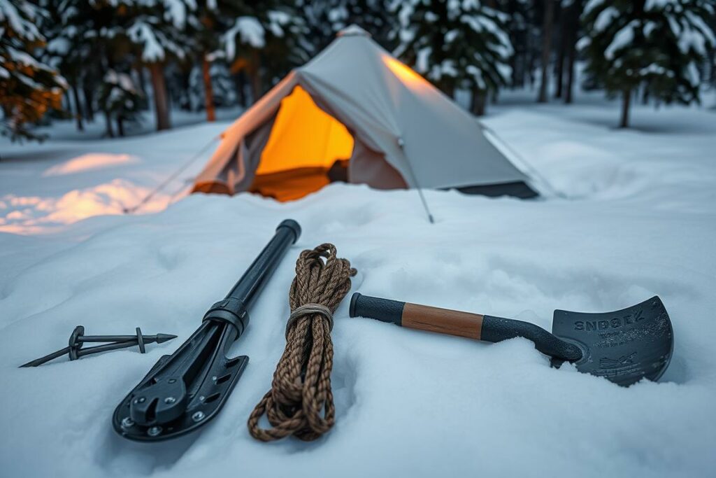A snow-covered winter campsite, with a cozy zelte (a traditional Central European tent) nestled among pine trees. Warm light glows from within the tent, casting a soft glow on the crisp, white landscape. In the foreground, an array of essential camping gear - sturdy steel tent pegs, heavy-duty guy lines, and a rugged folding shovel - are neatly arranged, ready for the elements. The scene evokes a sense of preparedness and comfort, inviting the viewer to imagine hunkering down for a winter adventure.