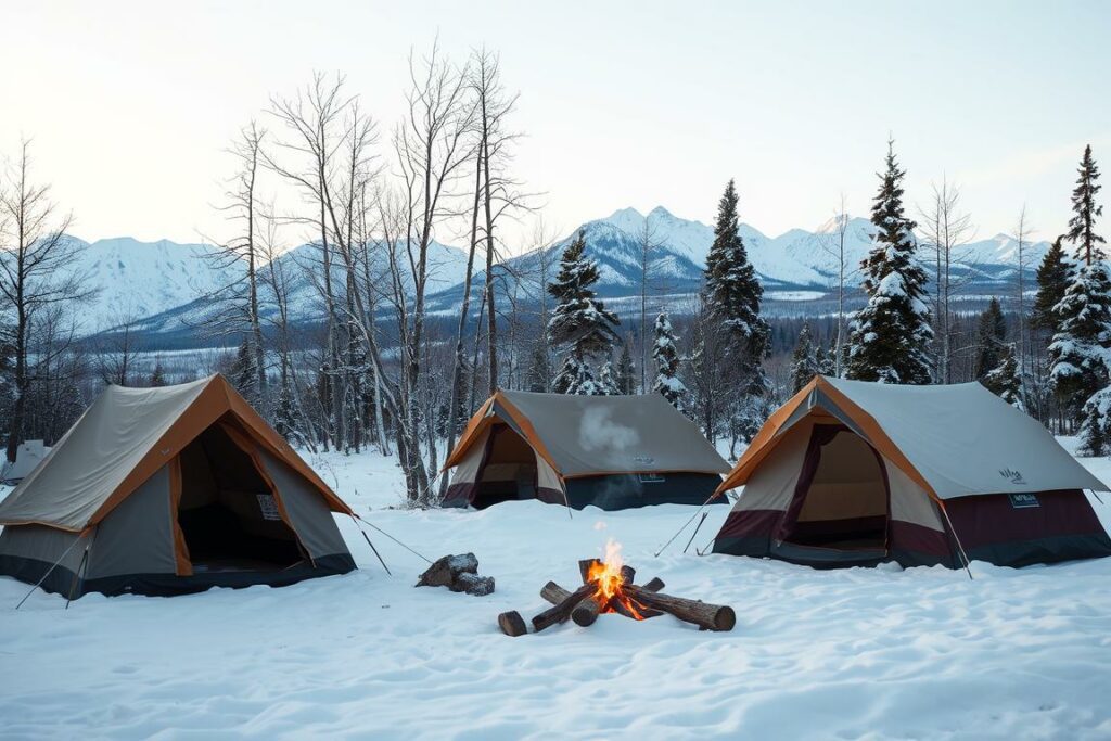 A snowy winter landscape, with a group of sturdy, well-insulated tents nestled among the bare trees. The tents have a mix of traditional canvas and modern, weather-resistant materials, reflecting different camping styles and purposes. In the foreground, a small campfire casts a warm glow, its smoke rising gently into the crisp, clear air. The background features distant mountains, their peaks capped in pristine white snow, creating a serene and peaceful atmosphere. Soft, diffused lighting illuminates the scene, capturing the cozy and comfortable ambiance of wintertime camping.