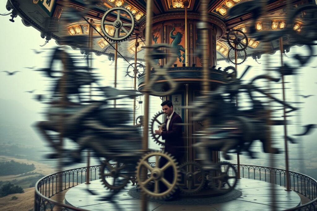 A surreal and dreamlike carousel of thought, spinning with a kaleidoscopic array of ideas, emotions, and mental patterns. In the foreground, the carousel's intricate gears and mechanisms turn, representing the intricate workings of the mind. The middle ground features a figure, perhaps a representation of the self, caught in the dizzying motion, their expression one of contemplation and struggle. The background is a hazy, abstract landscape, symbolic of the vast, complex inner world of the psyche. Soft, diffused lighting casts a contemplative, almost melancholic mood, while the camera angle tilts slightly, adding a sense of disorientation and unease. The overall composition conveys the overwhelming, all-encompassing nature of overthinking, and the challenge of finding clarity amidst the mental turmoil.