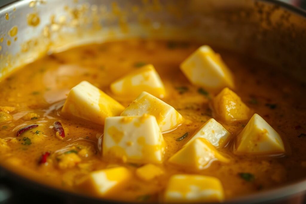 A vibrant, aromatic Butter-Masala dish, with layers of depth and complexity. In the foreground, a rich, creamy sauce gently simmers, infused with fragrant spices like cumin, coriander, and cardamom. Thick, luxurious ghee glistens on the surface, reflecting the warm, golden tones of the dish. In the middle ground, plump, marinated paneer cubes are nestled within the masala, their texture a perfect contrast to the silky sauce. The background features a subtly textured copper or brass vessel, hinting at the traditional Indian cooking methods used to prepare this sumptuous delicacy. The lighting is soft and diffused, creating a cozy, inviting atmosphere. The overall mood is one of comforting, indulgent pleasure, perfect for an article on the art of crafting the perfect Butter-Masala.