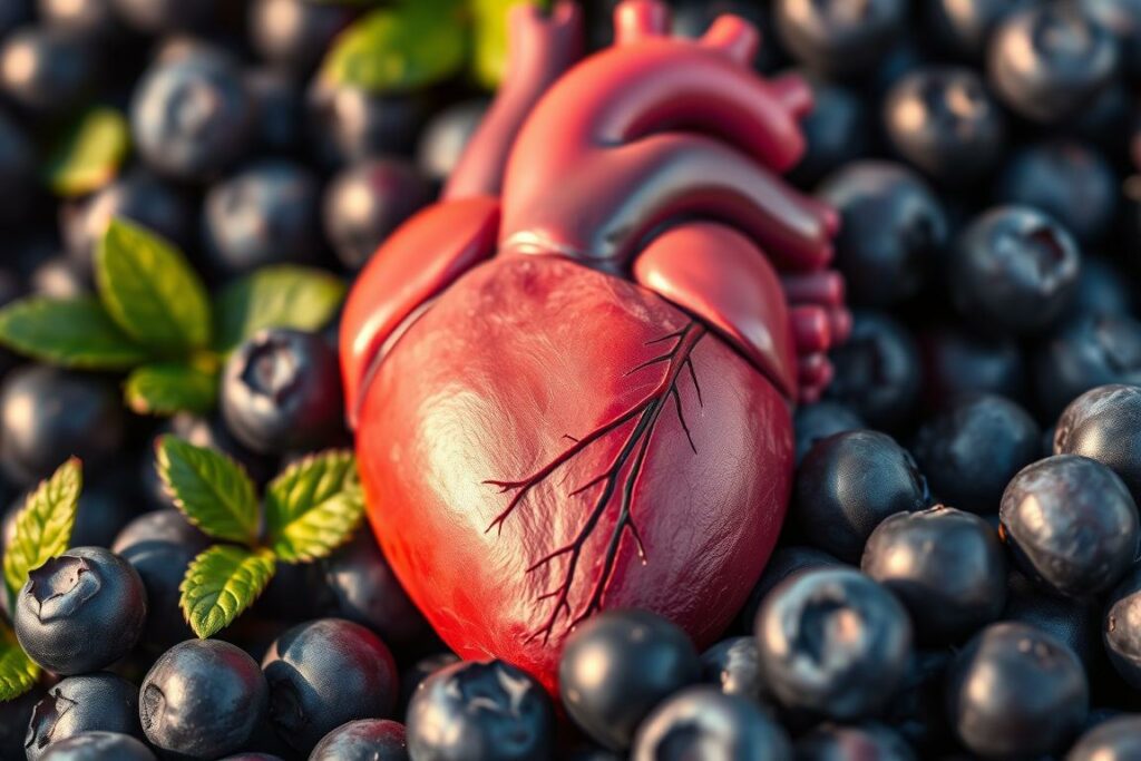 A vibrant, close-up image of a healthy human heart against a background of ripe, juicy blueberries. The heart is rendered in anatomical detail, its chambers and valves visible, pulsing with life. The blueberries are in the foreground, their deep purple hues creating a lush, natural backdrop. The lighting is soft and warm, casting a gentle glow on the scene. The composition emphasizes the connection between heart health and the antioxidant-rich blueberries. The overall mood is one of vitality, wellness, and the power of nature to nourish and sustain us.