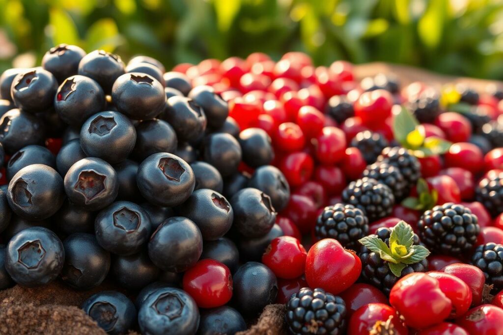 A vibrant display of antioxidant-rich berries, bathed in warm, golden light. In the foreground, a cluster of plump, glistening blueberries, their deep indigo hues contrasting with the earthy tones of the background. Surrounding them, a scattering of vibrant red cranberries and deep purple blackberries, all bursting with the promise of powerful antioxidants. The middle ground features a lush, verdant backdrop, suggesting a flourishing natural setting. The overall composition conveys a sense of abundance, vitality, and the inherent healthfulness of these remarkable superfoods.