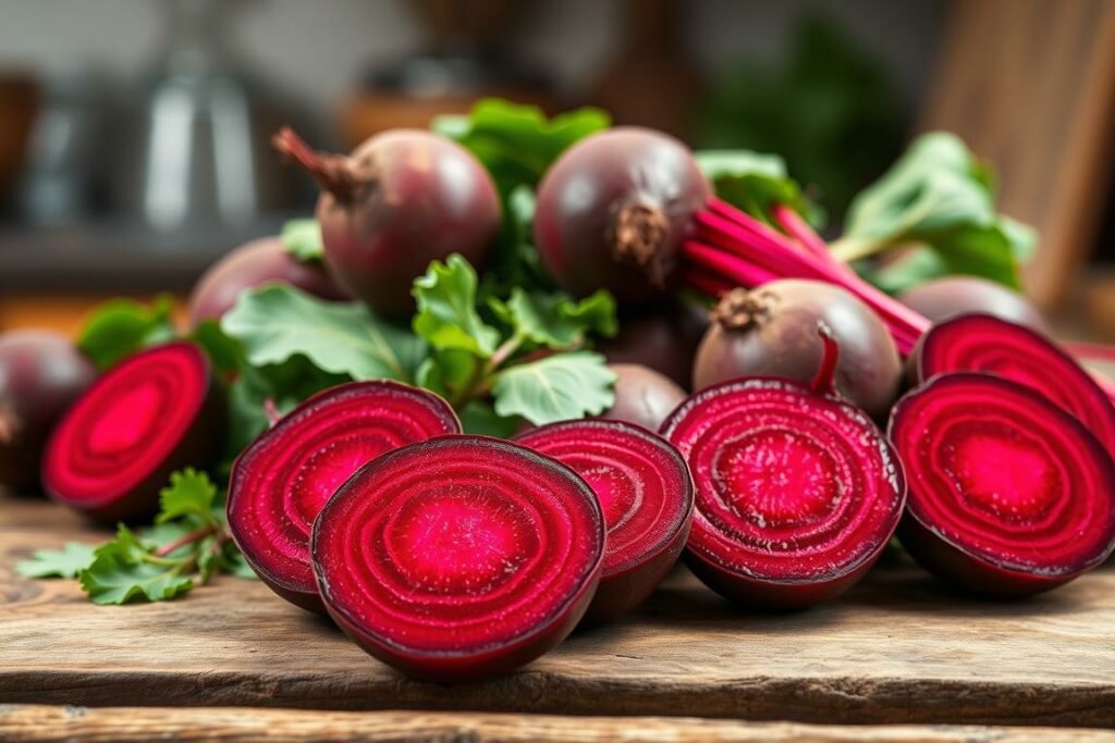 A vibrant, high-resolution image of red beets artfully arranged on a rustic wooden table, with a soft, natural lighting illuminating their earthy tones. In the foreground, several halved beets showcase their deep crimson interiors, the glossy surfaces reflecting the light. In the middle ground, whole beets are nestled among fresh leafy greens, adding a touch of verdant contrast. The background features a blurred, out-of-focus backdrop, hinting at a cozy, homely kitchen setting. The composition and lighting evoke a sense of nourishment, simplicity, and the wholesome benefits of integrating red beets into one's diet.