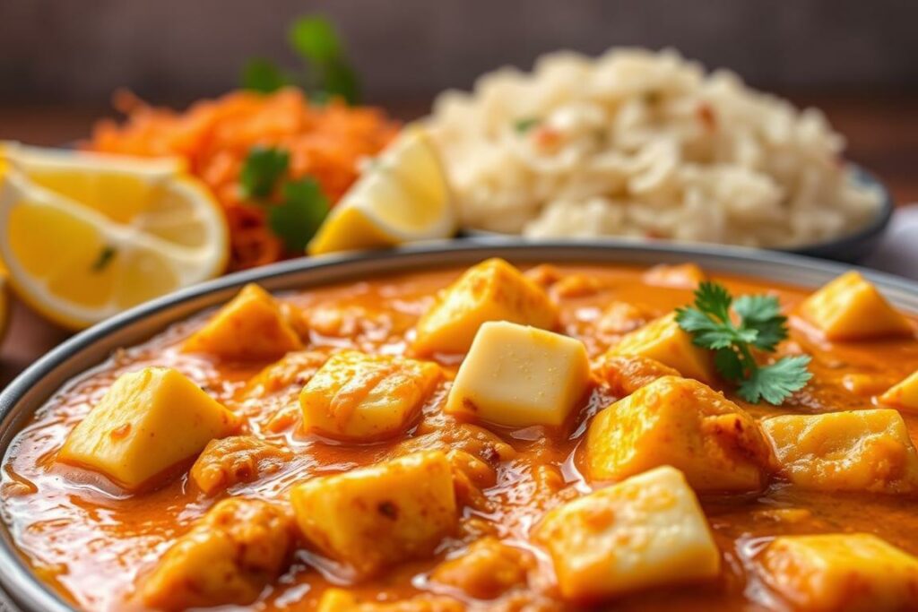 A vibrant, richly textured dish of Paneer Butter Masala, captured in a warm, inviting light. In the foreground, thick, creamy sauce envelops tender cubes of paneer cheese, accented by fragrant spices and a touch of butter. The middle ground features a colorful assortment of basmati rice, lemon wedges, and fresh coriander, hinting at the perfect accompaniments. The background fades softly, allowing the focus to remain on the sumptuous main course. The overall scene evokes the comforting aromas and flavors of Indian cuisine, perfect for illustrating a section on sides that complement Paneer Butter Masala.