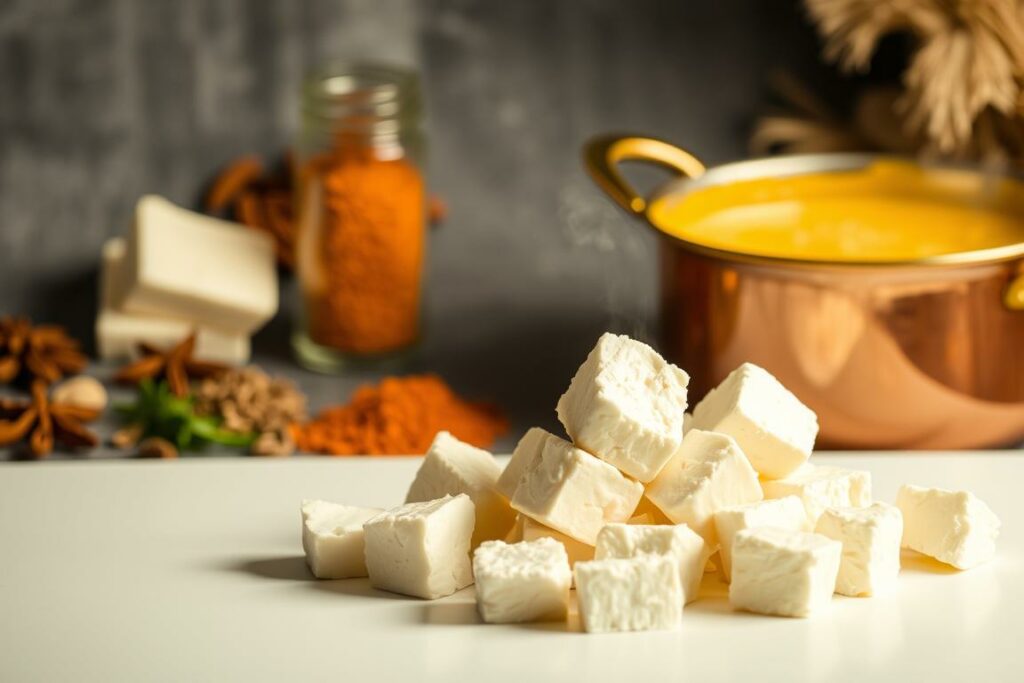 A vibrant, step-by-step visual guide to preparing paneer, the fresh Indian cottage cheese. In the foreground, a clean white surface where cubes of paneer rest, their soft, slightly crumbly texture inviting touch. The middle ground features a collection of aromatic spices - cumin, coriander, cardamom, and turmeric - their vibrant hues hinting at the flavors to come. In the background, a traditional Indian copper pot simmers with a rich, creamy butter-masala sauce, its fragrant steam rising. Warm, indirect lighting casts a golden glow, evoking the comforting, homemade feel of this essential Indian dish. The overall mood is one of careful preparation, anticipation, and the pleasure of crafting a delicious, authentic meal.