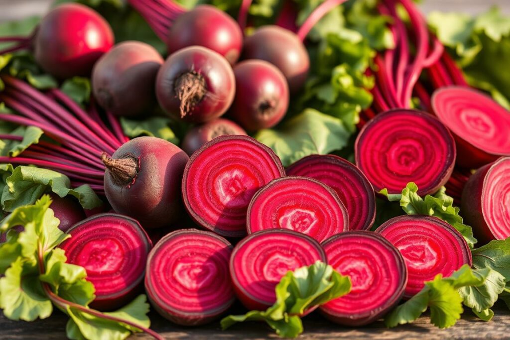 A vibrant still life of nutrient-rich red beets, their deep crimson hues shimmering under warm, natural lighting. The beets are arranged in the foreground, their leafy greens cascading gracefully around them. In the middle ground, various whole and sliced beets reveal their striking cross-sections, showcasing the concentric rings and vibrant betalain pigments that contribute to beets' abundant nutritional profile. The background is softly blurred, allowing the beets to take center stage and highlighting their inherent beauty as a superfood. The overall composition conveys a sense of health, vitality, and the nourishing power of this humble root vegetable.