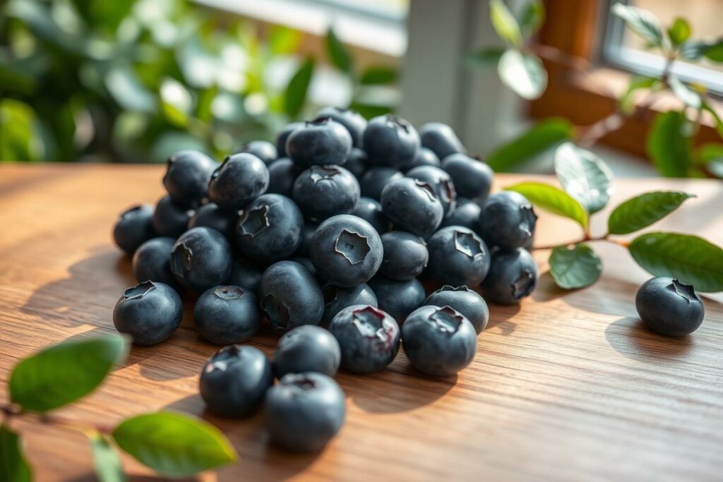 A vibrant still life scene of freshly picked blueberries, arranged gracefully on a wooden table. The berries glisten with morning dew, their deep indigo hues accentuated by soft, natural lighting filtering through a window. In the background, lush green foliage frames the composition, hinting at the berries' origin in a bountiful garden. The overall atmosphere is one of nourishment and vitality, inviting the viewer to consider the health benefits of this humble, yet powerful superfood.