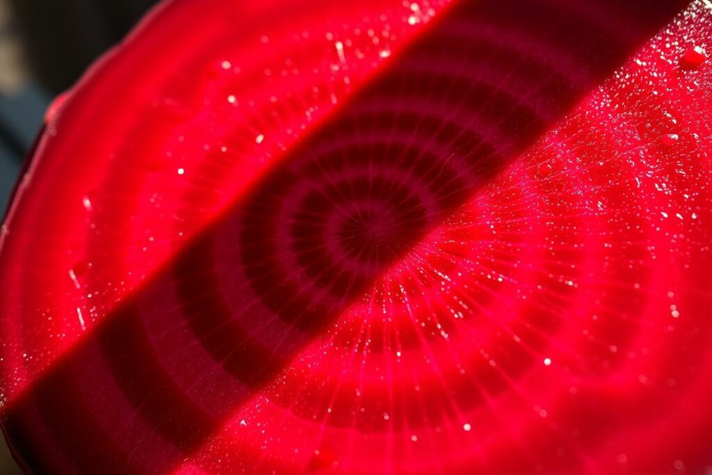 A vivid, close-up view of a freshly sliced red beet, revealing its vibrant, deep crimson-colored flesh. The beet is illuminated by warm, natural lighting, casting subtle shadows and highlighting the intricate, radial patterns of the vegetable's cellular structure. The image is captured with a sharp, high-resolution lens, allowing the viewer to appreciate the rich, jewel-like hue and the smooth, glossy texture of the betanin-containing tissues. The background is subtly blurred, maintaining the focus on the beet and creating a sense of depth and isolation, emphasizing the subject's natural beauty and health-promoting properties.