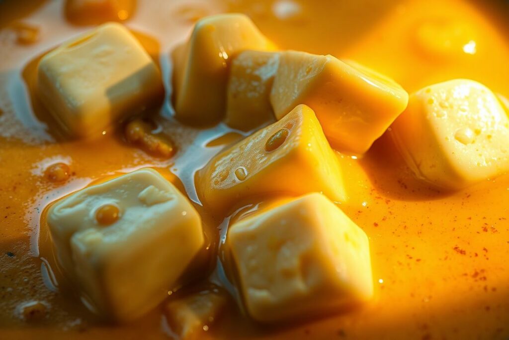 Creamy, velvety sauce glistening with a golden hue, simmered to perfection with aromatic spices. A rich, buttery concoction, the essence of Indian indulgence, inviting the viewer to savor its luscious texture. Soft, pillowy paneer cubes nestled within, soaking up the complex flavors. Dramatic lighting casts dramatic shadows, heightening the luxurious mood. A close-up composition, drawing the eye to the alluring, mouthwatering details. Warmth and comfort radiate from the frame, evoking the perfect consistency for an indulgent Indian feast.