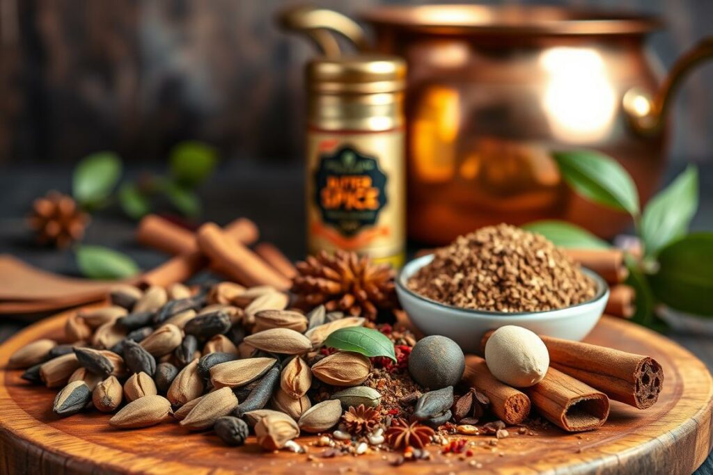 Zutaten Butter Masala: A vibrant still life showcasing the aromatic ingredients for a delectable Indian butter masala dish. In the foreground, a wooden board displays a selection of spices, including whole cardamom pods, cloves, cinnamon sticks, and bay leaves. In the middle ground, a brass spice tin and a bowl of fragrant ground spices take center stage. The background features a copper cooking pot, echoing the warm, earthy tones of the scene. Soft, diffused lighting casts a gentle glow, highlighting the rich textures and inviting the viewer to imagine the flavors of this traditional Indian delicacy.
